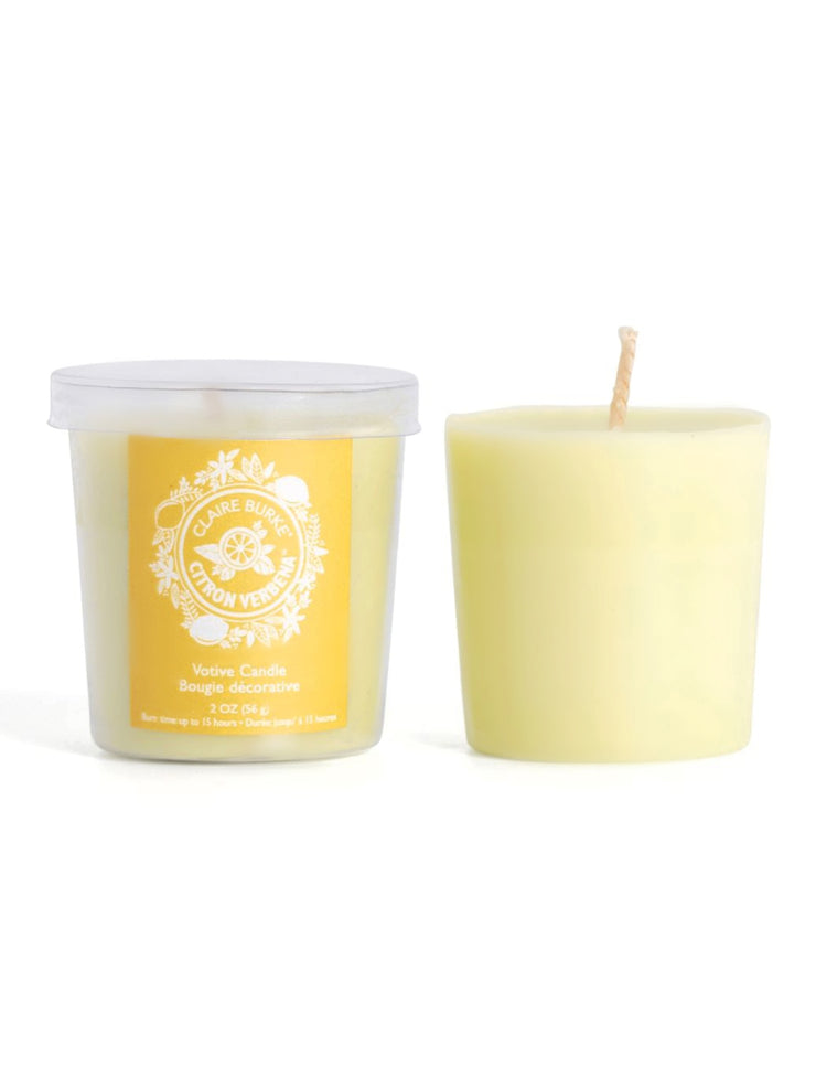 Claire Burke Citron Verbena scented votive is the perfect blend of crisp meyer Lemon, Lime and Citron mingled with French Cassis and Verbena leaves