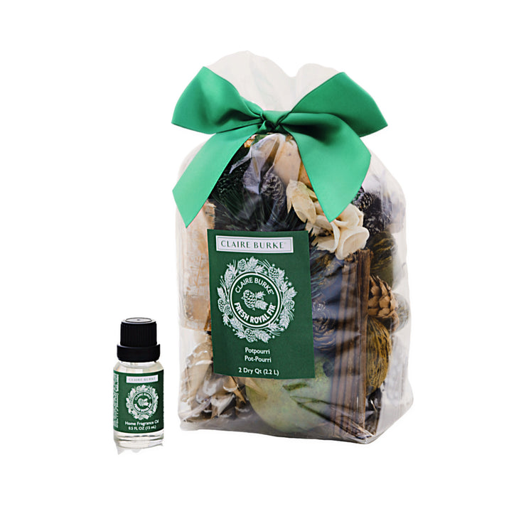 This bundle contains the Fresh Royal Fir™ home fragrance oil used to continuously refresh your potpourri.  A perfect gift with the scent of the holiday season or for everyday.